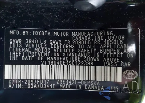 2009 Toyota Corolla S from USA, damaged, VIN 2T1BU40E19C122398